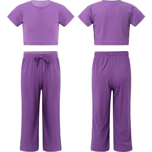 Children Clothing Girls Sport Outfits Round Neck Short Sleeve Crop Top + Wide-legs Pants Set Kids Breathable Tracksuit for Gym