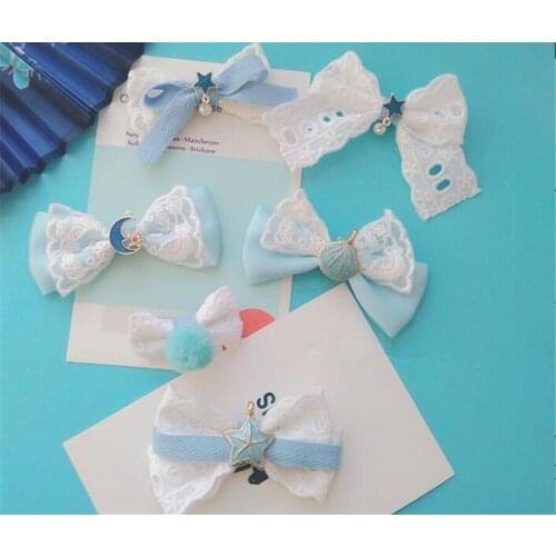 Maiden Blue Lolita Bowknot Hairpin Fairy Cosplay Lolita Lace Hair Side Clip Hair Accessories D243