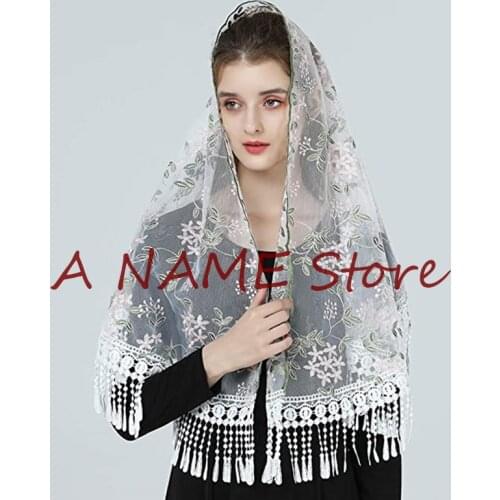 Long Mantilla Veils for Church Women Headcovering Catholic Latin Mass Embroided Tulle Lace with Tassel Flowers edge Colorful