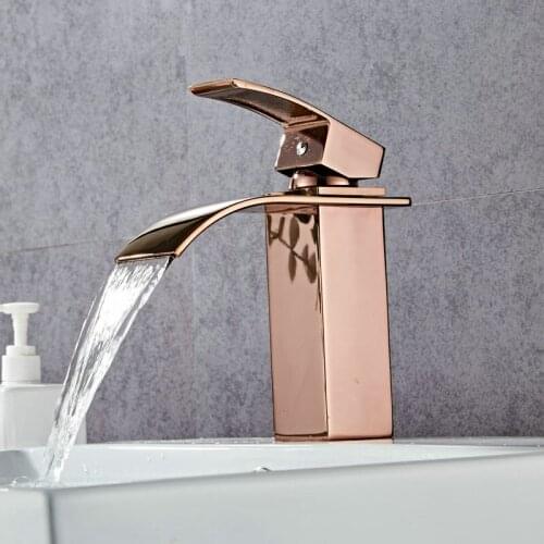 Basin Waterfall Faucet Rose Gold Brass Sink Faucet Hot and Cold Single Handle Bathroom Faucet Basin Crane Taps Sink Mixer Tap
