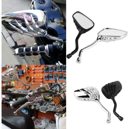 Left & Right Universal Motorcycle Styling Chrome Skeleton Skull Style Hand Claw Side Rear View Mirrors 10mm Easy To Install
