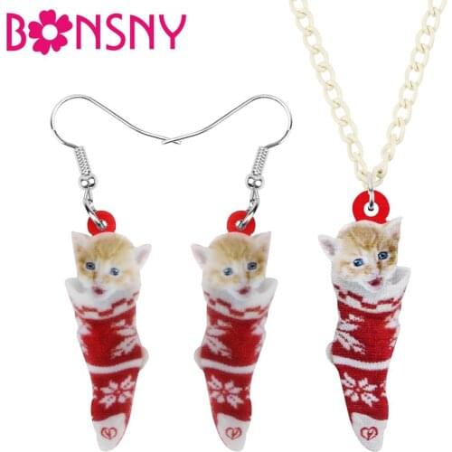 Bonsny Acrylic Christmas Sock Short Hair Cat Kitten Jewelry Sets Necklace Earrings Animal Jewelry For Women Girl Teen Party Gift