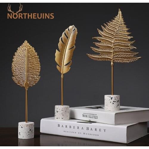 NORTHEUINS Iron Creative Golden Leaf Figurines Nordic Modern Desktop Decor Leaves Statue Sculpture For Home Interior Decoration