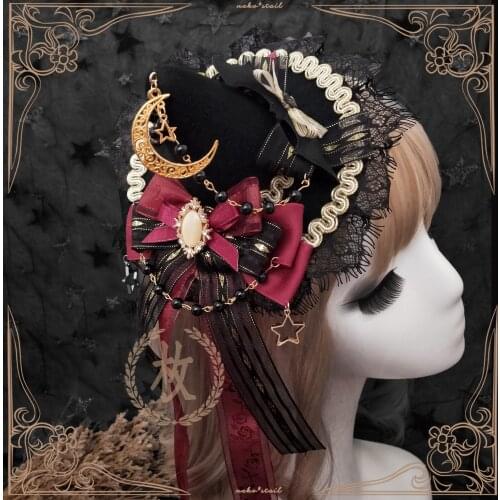 New Party Witch Top Hat Punk Bow Lace Moon Wizard Cap Halloween Girl Cosplay Hairpin Headdress Gothic Lolita Retro Masquerade