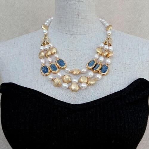 YYGEM 3 Strands Blue Kyanite rectangle Pave Cultured White Rice freshwater Pearl Gold Coin Connector Necklace 20"