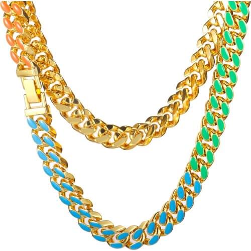 OMKAIMING Newest 13mm Alloy Cuban Necklace Link Chain for Women Men Colorful Enamel Choker Necklace Rainbow Bracelet Jewelry