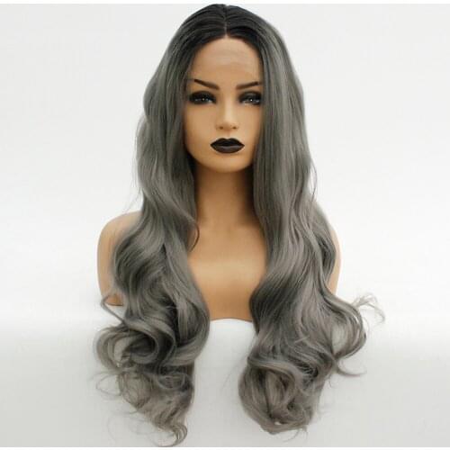 V'nice Middle Part Gray Wig Dark Grey Ombre Black Roots Long Body Wave Synthetic Lace Front Wigs for Black Women