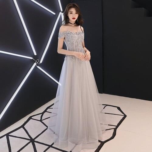 Off Shoulder Elegant Evening Dresses Lace Appliques Beauty Emily Tulle Formal Dress Beads Sequins Lace Up Back A-line Prom Gowns