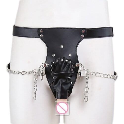 Sexy Studded Leather Mens Thong with Lock Open Penis Pouch Chains T-Back Gay Underwear Erotic Fetish Lingerie Adjustable Belt