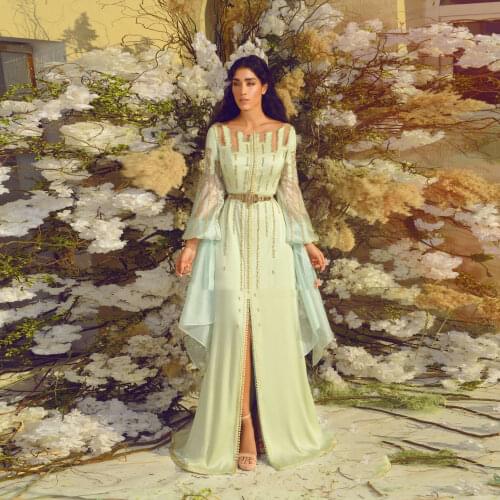 Light Green Moroccan Caftan Evening Dress Asymmetrical A-Line Floor Length Split Summer Dresses Bubai Muslim Dress Custom Made