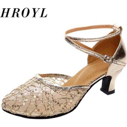 HROYL Hot-selling Modern Latin Dance Shoes For Women/Ladies/Girls Latin Tango Ballroom Mesh+Sequins shoes Heel 3.5/5.5CM fashion