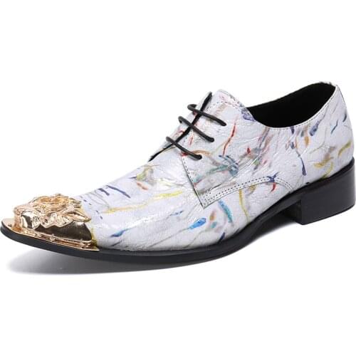 Summer Casual New Mens Classic Fashion Shoes Personality Metal Pointed Toe Cowhide Leather White Graffiti Mens Shoes