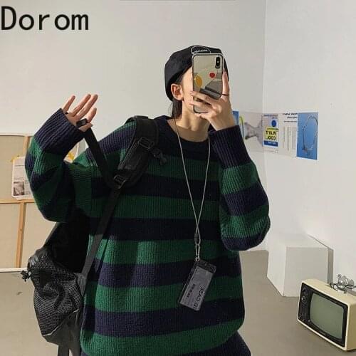 Green And Black Striped Sweater Autumn Winter Oversized Pullovers Grandpa Sweater Vintage Warm Jumper Streetwear Teen Knitwear
