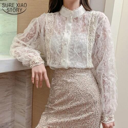 2021 Spring Korean Lace Blouse Fashion Women Stitching Stand-collar Pearl Button Shirt Tops Female Long Sleeve Womens Shirt