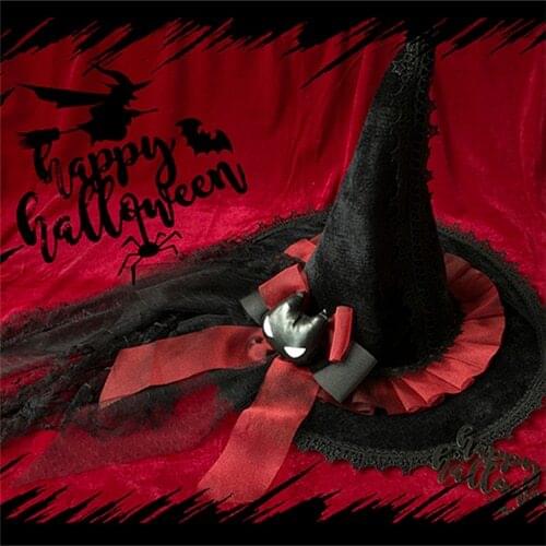 Women Lace Bow Ruched Witch Hat Holiday Halloween Party Dark Gothic Masquerade Witch Hat Lolita Cosplay Pointed Cap Accessories