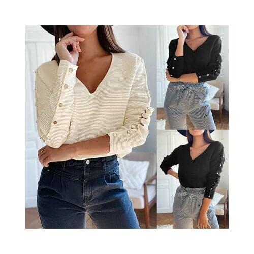 Ladies Elegant Spring Autumn Harajuku T-Shirts Button Decor V-Neck Long Female Sleeve Solid Color Casual Loose Knitted Pullovers