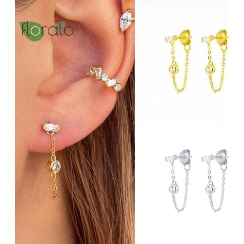 925 Silver Ear Needle Mini Stud Earrings Womens Personality Creative Simple Zircon Hanging Long Chain Earrings Pendientes Mujer