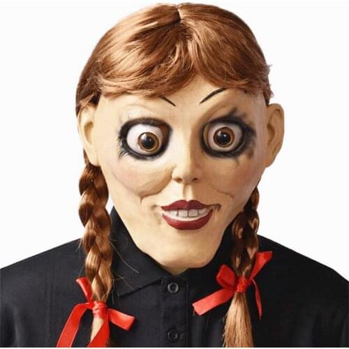 Anime Annabelle Cosplay Halloween Mask Latex Doll Scary Movie Female Ghost Props Adult Headgear Party Masks With Ponytail Wig