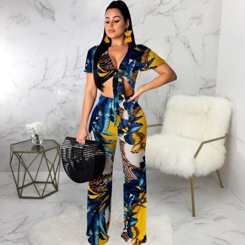 2021 Summer Womens New Sexy Fashion Digital Print Chest Strap Design Short Top With Casual Wide-Leg Pants Two Pieces Set