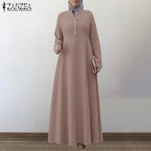 Womens Autumn Muslim Dresses Sundress ZANZEA Vintage Pleated Maxi Dress Long Sleeve Vestidos Female Solid Islam Robe