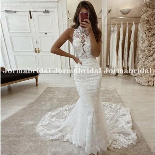 Sexy Mermaid High Neck Wedding Dresses With Floral Appliques White Ivory Backless Trumpet Women Bridal Dresses Vestidos De Noiva