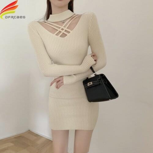New 2020 Autumn Winter Sweater Knitted Dress Women Rib Knit Turtleneck Thicken Long Sleeve Beige Or Black Hollow Out Dresses