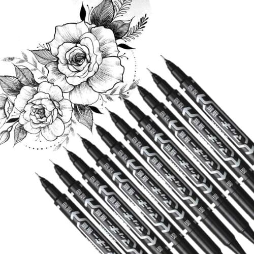 10 Pcs/Set Waterproof Lettering Markers Dual Head Drawing Liner Black Ink Markers for Sketching Drawing Brush Pen Art Supplies