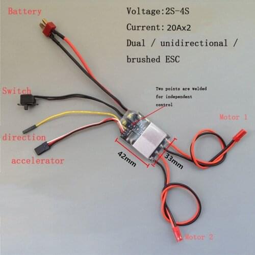 20Ax2 2S-4S Dual Unidirectional Brushed ESC With Overheating Protection for Speed Difference Boat / RC Fishing Bait Boat