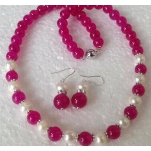 7-8mm white Akoya Pearl/Green Jade Fashion Necklace Earrings set AS