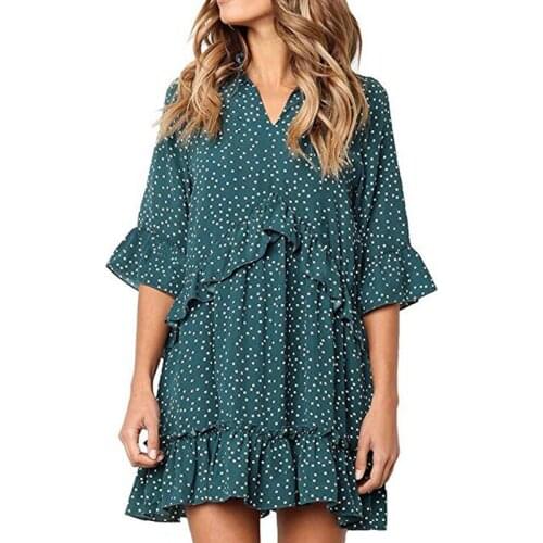 AECU 2021 Spring Summer Fashion Print Wave Point Ruffled V-neck Womens Dress Plus Size Dot Butterfly Sleeve Women Dress