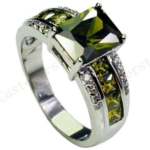 Free Shipping Fashion Silver Plated Olive Green Crystal Inlay Zircon ring size 7.8.9.10