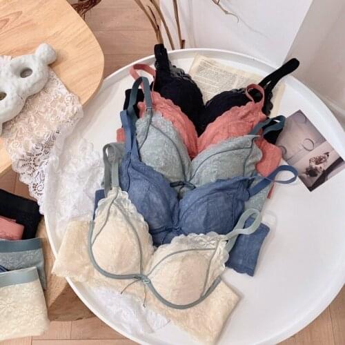 French Underwear Sexy Lace Bra Set Womens Rimless Girl Super Light Triangle Cup Push up Bralette And Panties Sleepwear Sets