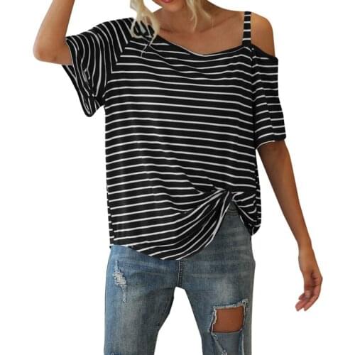 Stripe T-Shirt Summer Casual Womens Fashion Skew Collar Wide Knot Short Sleeve Top