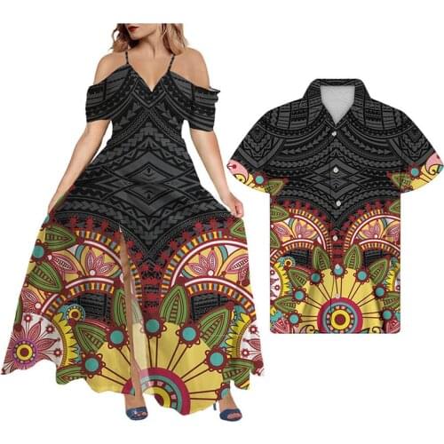 Hycool Sexy Couple Outfits Off Shoulder Loose Plus Size Prom Dress Polynesian Tribal Design Black Summer Casual Maxi Dress 2021