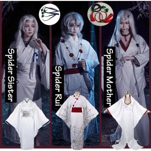 Anime Demon Slayer: Kimetsu no Yaiba Spider Mother Rui Kimono V-neck Women Cosplay Costume Dress Belt Accessories headwear wig
