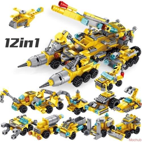 [MOC Hub] 12in1 Transformation Building Blocks Set Truck Car Toys Kids Robot Bricks Educational Toys Mini engineering vehicle