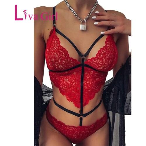 LIVA GIRL Woman Sexy Strappy Hollow-out Backless Lace Teddy Bodysuit 2021 Female Patchwork Bodycon Jumpsuit Bedtime Rompers S-L
