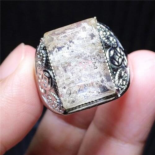 Genuine Natural White Phantom Quartz Adjustable Ring 17x13mm Garden 925 Sterling Silver Oval Bead Ring AAAAAA