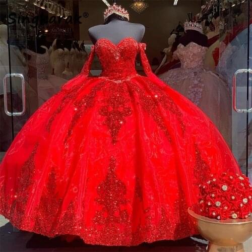 New Arrival Sparkly Red Sweet 16 Ball Gown Quinceañera Dresses Beaded Sequins Long Sleeve Vestido De 15 Anos Quinceanera 2020