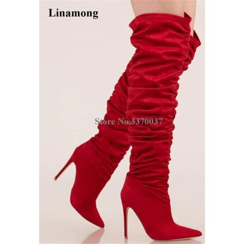 New Design Women Fashion Pointed Toe Suede Leather Pleated Over Knee Thin Heel Boots Red Black Army Green High Heel Long Boots