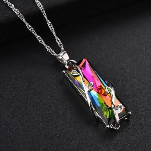 Rainbow Stone Tree Of Life Pendant Necklace For Women Men Long Chain Crystal Glass Leaves Square Necklaces Statement Jewelry