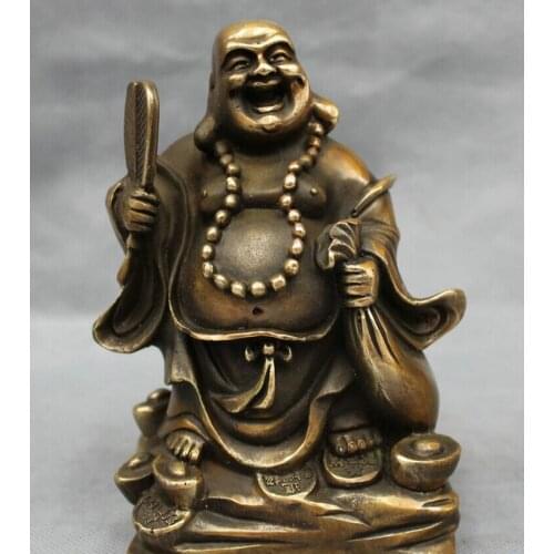 Song voge gem S2704 Chinese Bronze Wealth YuanBao Coin Bag Fan Happy Laughing Maitreya Buddha Statue