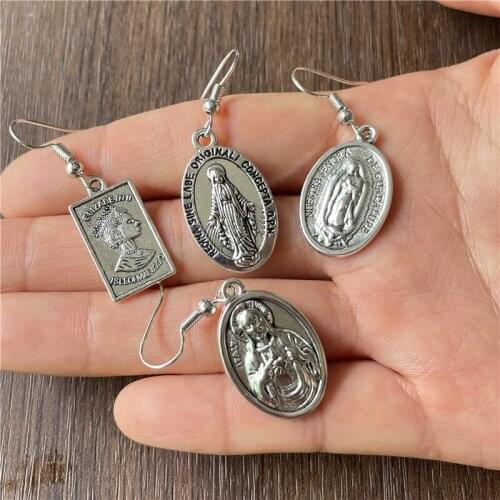 Antique Silver Metal Ear Hook Pendant with Statue of Our Lady of Jesus, For mens and womens daily jewellery matching