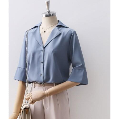 Blue Chifon Women Blouse V-neck Turn-down Collar Flare Sleeved Loose Office Lady Elegant Shirts Outwear Tops