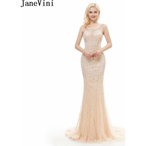 JaneVini Vintage Long Bridesmaid Dresses Luxury Champagne Mermaid Prom Dress Beading Scoop Neck Sweep Train Formal Party Gowns