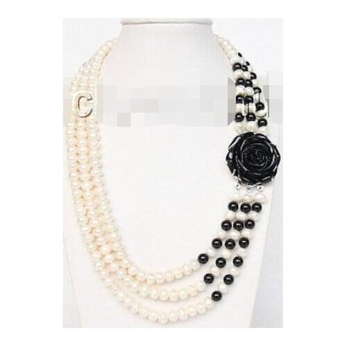 17"- 8mm 3row round white freshwater pearls black agate necklace