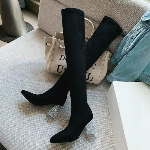 Over-The-Knee High Winter boots Pointed Toe Stretch Fabric Woman Boots Solid Color Women Shoes On Heels With Sexy High Heels
