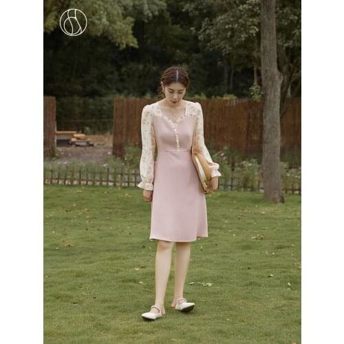 DUSHU Office Lady Loose Gentle Wind Pink Temperament Stitching Dress Fall 2021 New Thin High Waist Dress Women Clothes