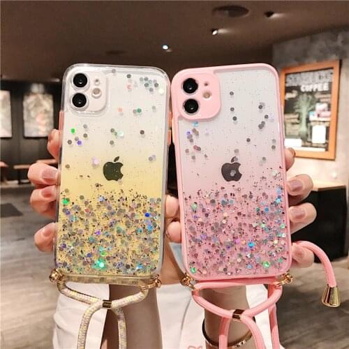 Border Glitter Transparent Soft Case for iPhone 12 Pro Max MiNi 11 Pro Max X XS XR 7 8 Plus Cord Chain Necklace Lanyard Cover