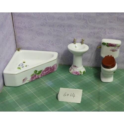 G08-X352 children gift Toy 1:12 Dollhouse mini Miniature rement flower ceramic toilet 3pcs/set